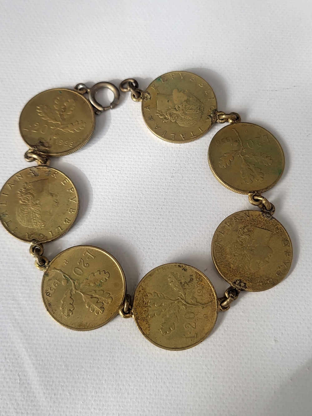 Vintage 1958 Italian 20 Lira Coin Link Bracelet - Gold Tone Handmade